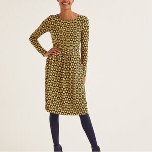 Boden Navy and Gold Floral Stretch Jersey Long Sleeve Abigail Dress